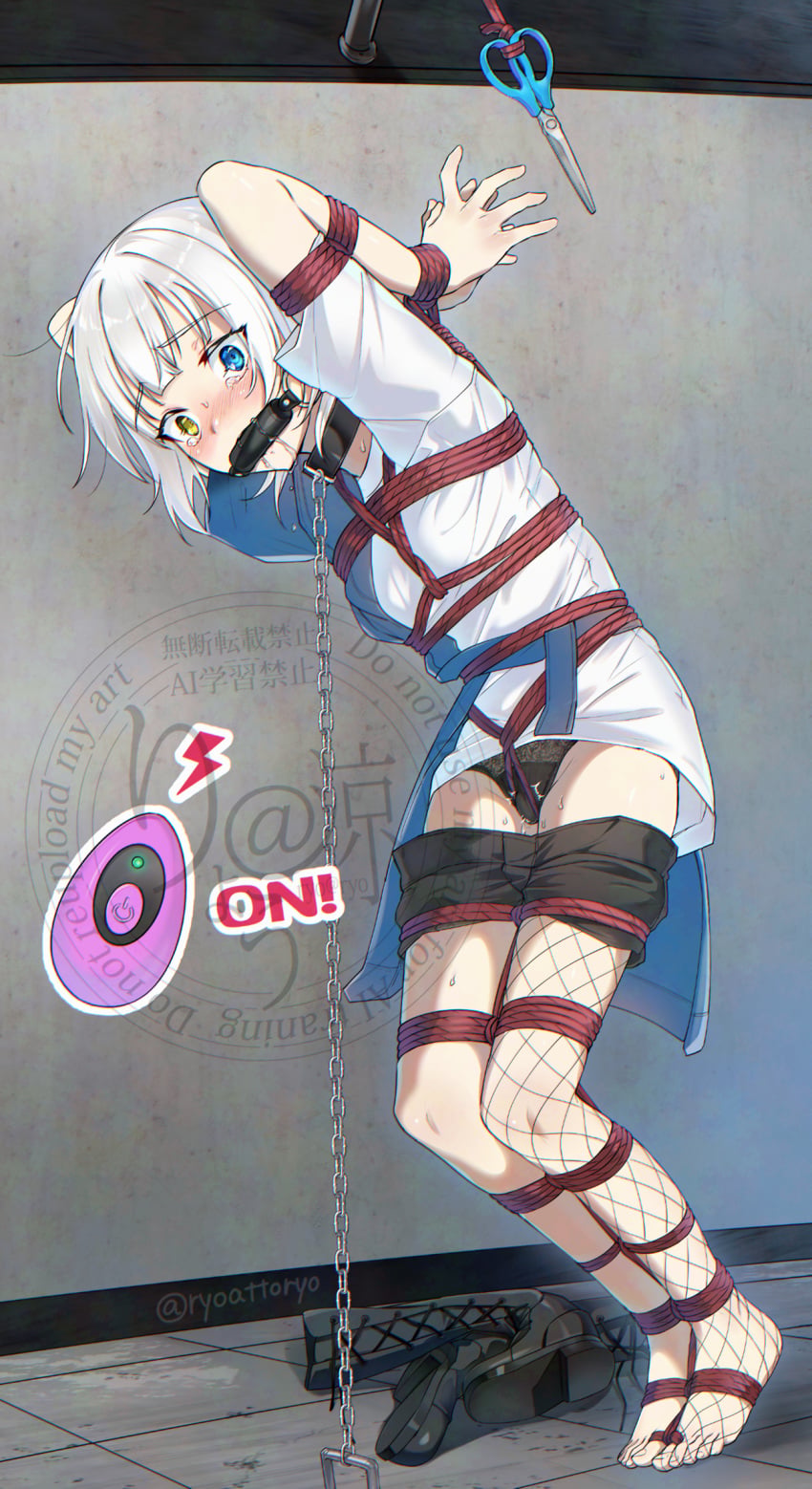 1girl bang_dream! bang_dream!_it's_mygo!!!!! bdsm bit_gag black_panties black_shorts blue_eyes bondage boots bound clothes_pull commentary_request crotch_rope fishnet_pantyhose fishnets gag gagged heterochromia highres kaname_raana panties pantyhose restrained ryou@ryou scissors sex_toy shibari shirt shorts shorts_pull single_leg_pantyhose solo underwear unworn_boots vibrator vibrator_under_clothes vibrator_under_panties white_hair white_shirt yellow_eyes