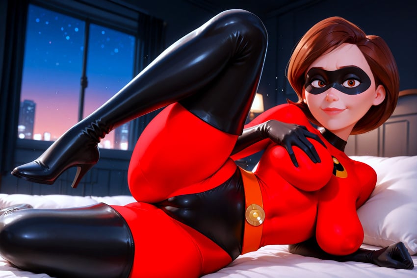 ai_generated big_breasts cameltoe erect_nipples_under_clothes helen_parr latex_bodysuit latex_gloves latex_thighhighs looking_at_viewer no_panties the_incredibles thighs