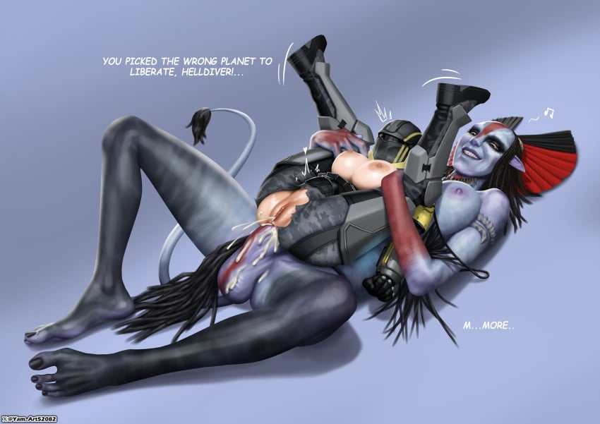 1futa 1girls 2026 alien alien_futa anal anal_penetration anal_sex areolae avatar avatar:_fire_and_ash balls big_breasts black_hair breasts commission crossover cum cum_in_ass cum_inside dialogue dickgirl dickgirl/female english_text female futa_on_female futanari helldiver_(helldivers) helldivers helldivers_2 helmet hi_res human intersex intersex/female legs_over_head long_hair lying lying_on_back lying_on_person na'vi nipples penetration penis pointy_ears pussy sex simple_background size_difference smaller_female stomach_bulge tail tail_tuft taller_futa teeth_clenched thick_thighs torn_clothes varang very_long_hair yam_art yellow_eyes