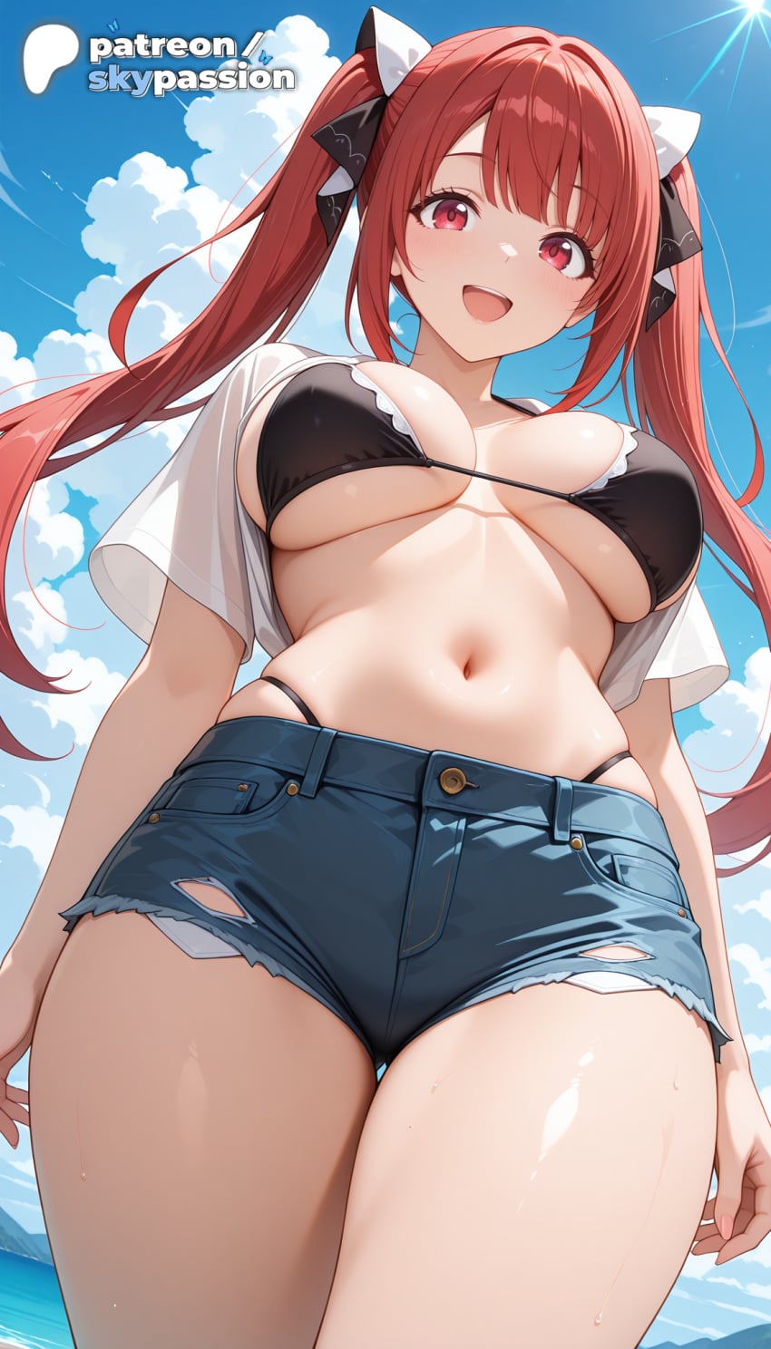 1girls 2026 ai_assisted ai_generated anime big_breasts bikini black_bikini blue_sky boobs breasts bust busty cloud denim_shorts hi_res high_quality high_resolution highres jack_of_all_trades_party_of_none large_breasts long_hair patreon patreon_username red_hair shorts sky skypassion sophia_claudel stable_diffusion swimsuit tits twintails watermark yuusha_party_wo_oidasareta_kiyoubinbou
