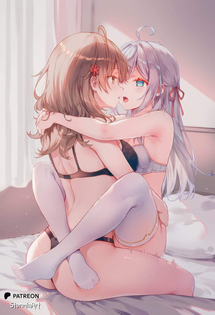2girls ai_generated alisa_mikhailovna_kujou black_lingerie blue_eyes blush breasts brown_hair closed_eyes embrace hand_on_ass highres hug indoors kissing large_breasts lingerie long_hair looking_at_viewer maria_mikhailovna_kujou nipples nsfw on_bed open_mouth shiny_skin silver_hair sitting_on_lap stormiaart sweat thighhighs tokidoki_bosotto_russian_de_dereru_tonari_no_alya-san white_lingerie window yellow_eyes yuri