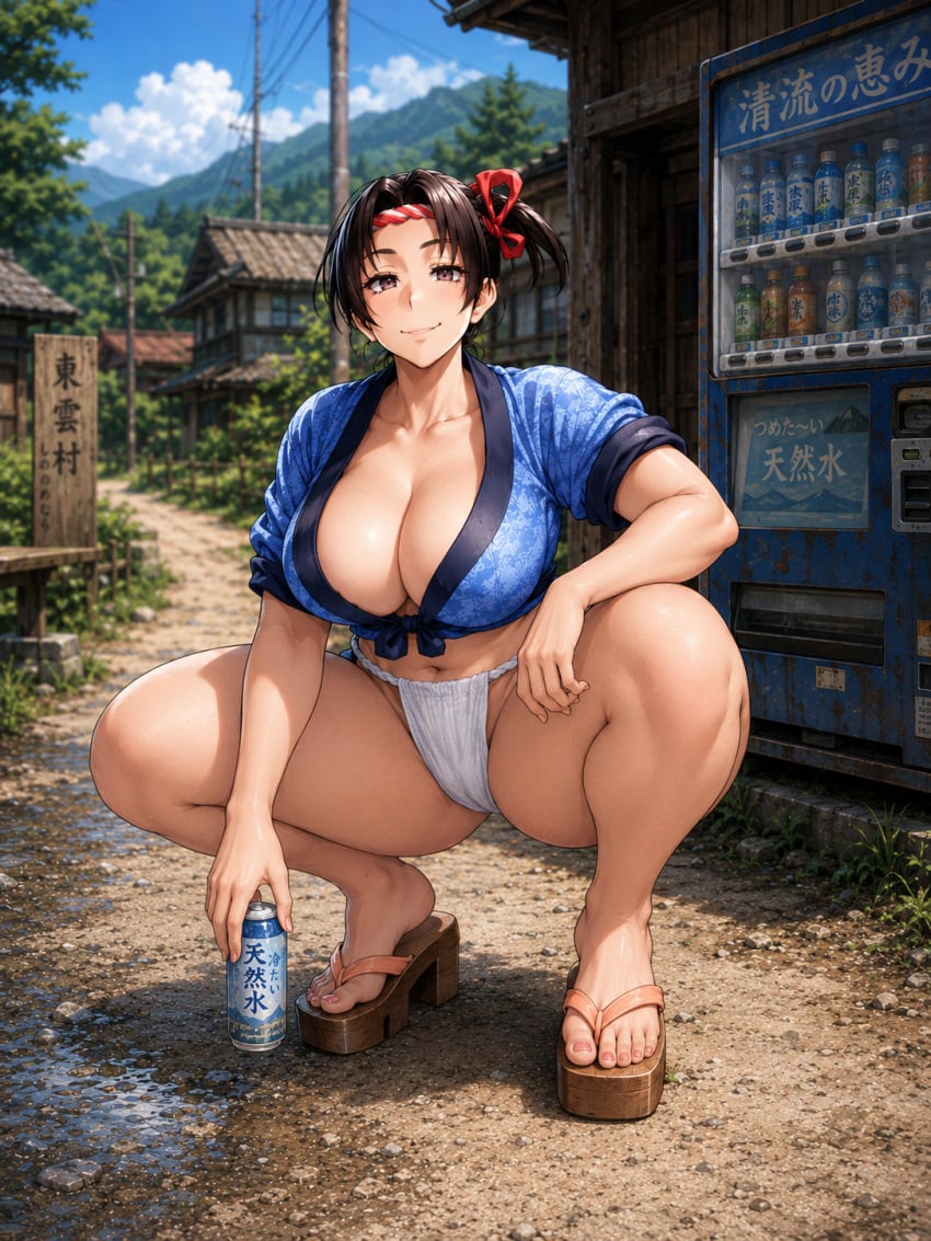 ai_generated big_breasts fundoshi holding_object japanese_clothes japanese_text looking_at_viewer squatting thick_thighs traditional_clothes vending_machine village