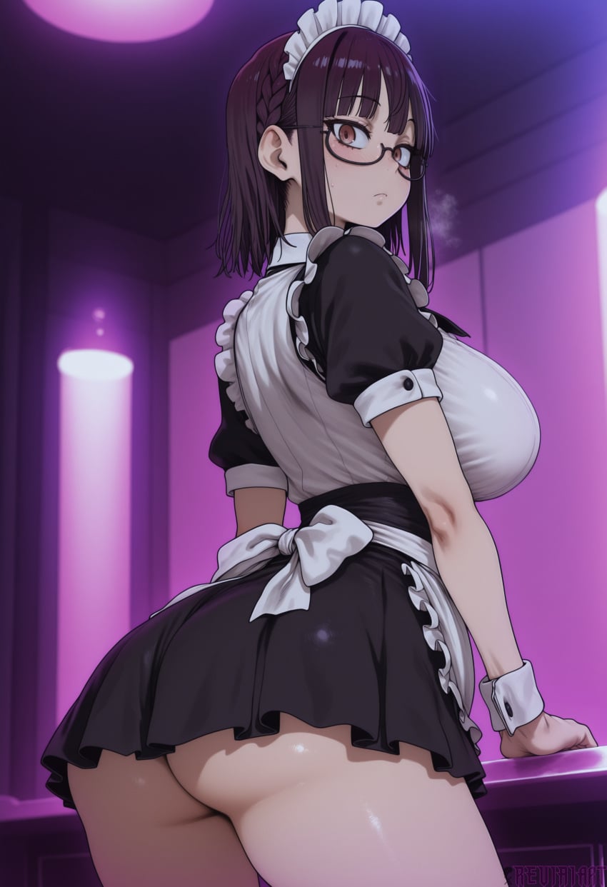 1girl ai_generated apron ass black-framed_eyewear black_dress blush braid breasts brown_eyes brown_hair closed_mouth dress frills from_behind fujimiya_sumika glasses indoors isekai_ojisan large_breasts looking_at_viewer looking_back maid maid_apron maid_headdress puffy_short_sleeves puffy_sleeves reviaiart semi-rimless_eyewear short_dress short_hair short_sleeves sidelocks solo standing thighs under-rim_eyewear white_apron wrist_cuffs