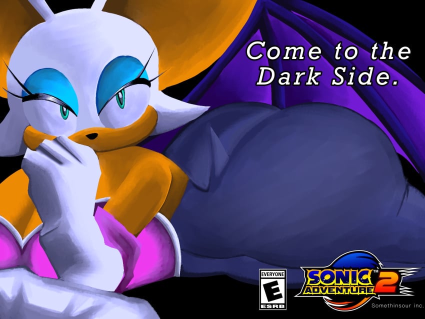 advertisement anthropomorphic ass_focus bat big_ass big_breasts parody promotional_art render rouge_the_bat sega somethinsour sonic_(series) sonic_adventure_2 sonic_the_hedgehog_(series) text wide_hips