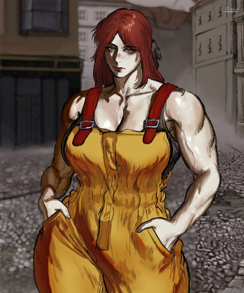 1girls abella_(fear_and_hunger) artist_request big_breasts breasts clothed clothed_female clothing fear_and_hunger fear_and_hunger:_termina female_only muscular muscular_arms muscular_female red_hair solo_female watermark