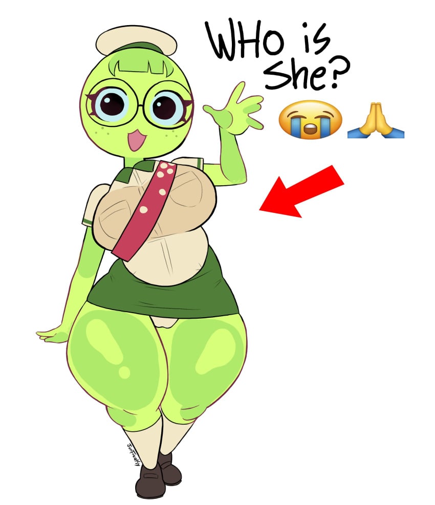 1girls :3 big_breasts big_butt cameltoe cute fangs female female_only glasses green_skin hat junfreaky looking_at_viewer peak-chan_(okgaki) peak_(videogame) scout_(peak) scout_uniform short_skirt shortstack silly_face small_female thick_thighs uniform waving waving_at_viewer wide_hips wide_thighs