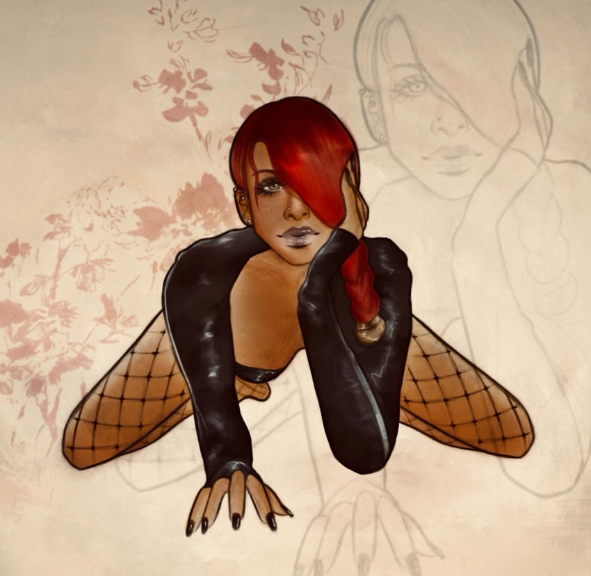1girls black_nail_polish black_nails braid braided_hair braided_ponytail dark-skinned_female dark_skin devil_may_cry devil_may_cry_(series) devil_may_cry_2 female female_focus female_only fishnet_legwear fishnet_stockings fishnet_thighhighs fishnets latex latex_clothing latex_topwear lipstick lucia_(devil_may_cry) nail_polish nails_painted nose_piercing pierced_ear pierced_ears pierced_nose piercing piercings pinup ponytail purple_lips purple_lipstick red-haired_female red_hair side_ponytail solo solo_female solo_focus thigh_highs thighhighs
