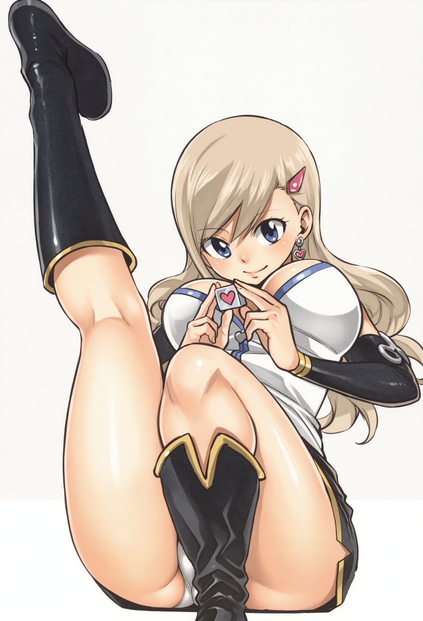 blonde_hair blue_eyes detached_sleeves earrings edens_zero edited groin hair_ornament heart_earrings holding_object knee_boots large_breasts leaning_back leg_up long_hair mashima_hiro miniskirt official_art panty_peek pantyshot rebecca_bluegarden upscaled wavy_hair white_panties