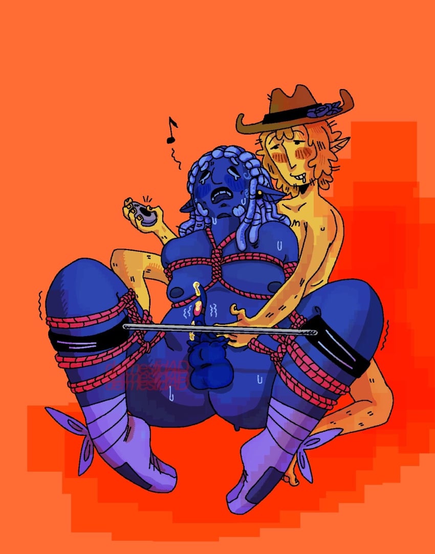 2026 alternate_version_at_source artist_signature ballerina_shoes bdsm_gear blue_(deltarune) blush boyfriends canon_couple chubby chubby_male couple_(romantic) cowboy_hat deltarune deltarune_chapter_5 digital_art gay gay_couple gay_male hairy_male interracial interracial_yaoi legs_apart legs_held_open lovers male male/male male_only moaning shibari sweating sweaty sweaty_body teasing toony toony_face vibrator yaoi yellow_(deltarune)