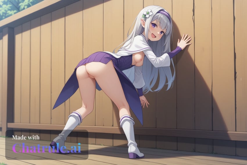 1girl against_wall ai_assisted ai_generated anime_coloring anime_screencap aroused bedroom big_butt blunt butt_grab cinematic_lighting drunk emilia exposed_nipples firm_breasts forest from_behind full_body green_bow grey_hair hair_flower hairband head_tilt indoors knee_boots leaning_on_wall long_hair long_sleeves looking_at_viewer moaning naked open_mouth outdoors pointy_ears purple_dress purple_eyes rezero sex smile solo source_anime standing vaginal_penetration very_long_hair waving white_capelet white_footwear
