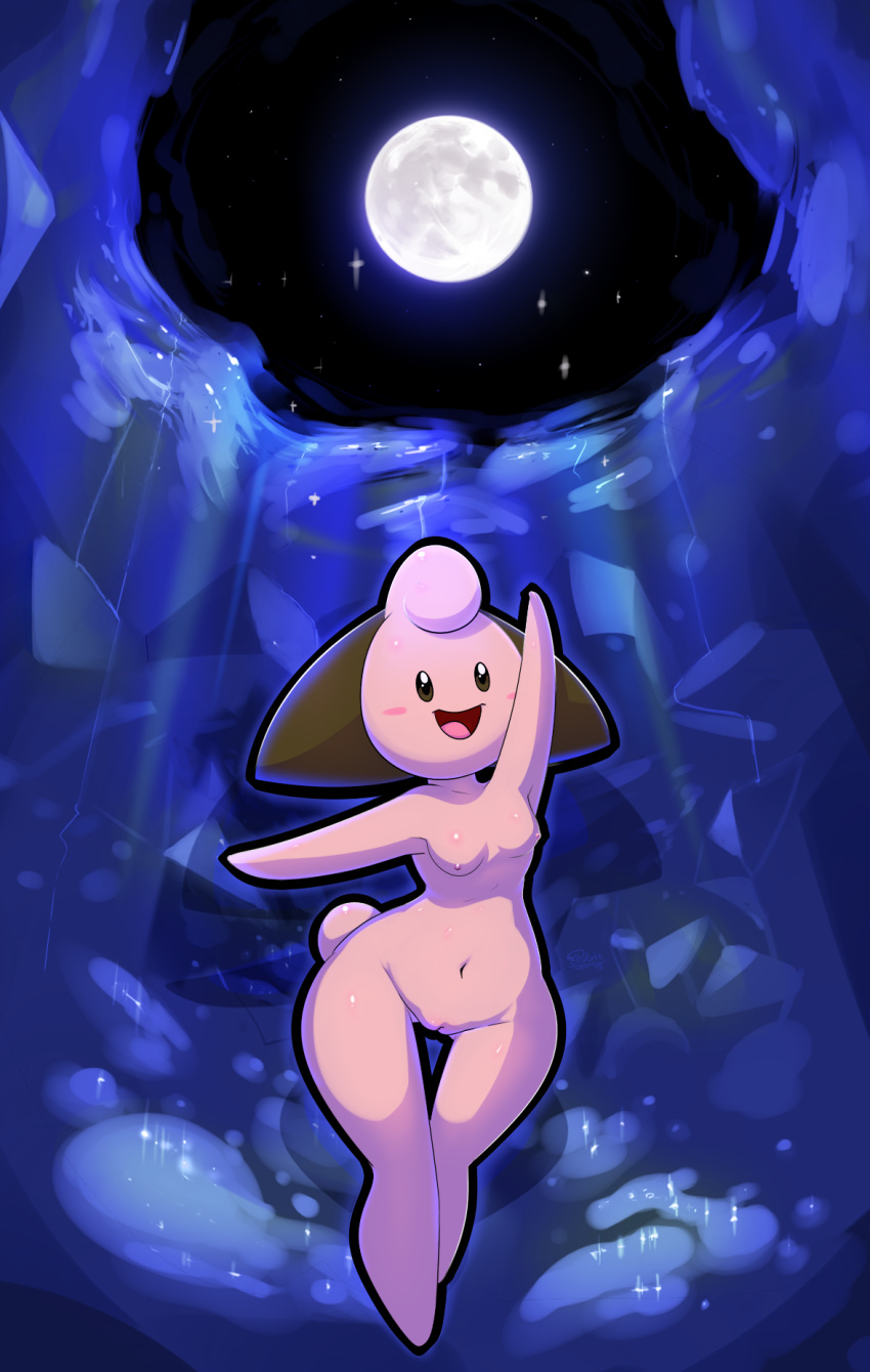 anthro blush breasts cleffa cute elpatrixf female moon moonlight navel night nintendo nipples nude open_mouth pokemon pokemorph pussy sky smile solo star tongue wide_hips