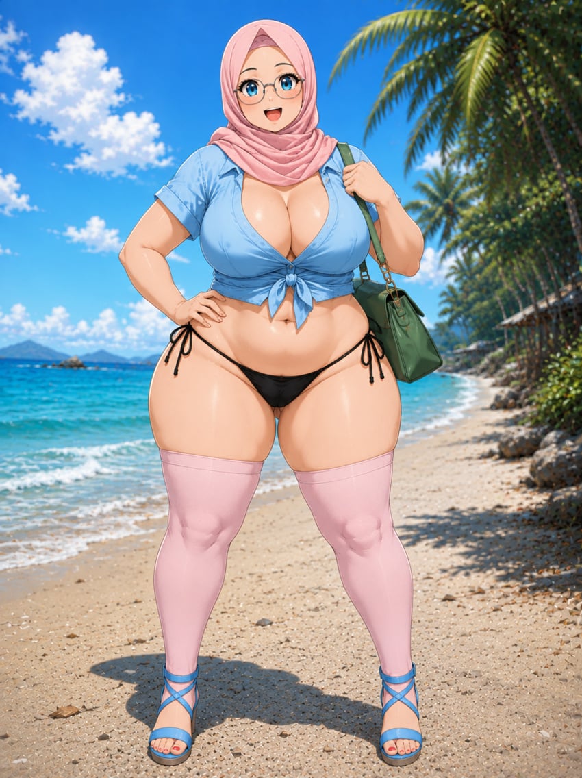 ai ai_generated ai_slop beach casual_exposure curvy_figure handbag hijab looking_at_viewer motherly_figure oc original_character outdoors round_glasses shiny_skin solo_focus
