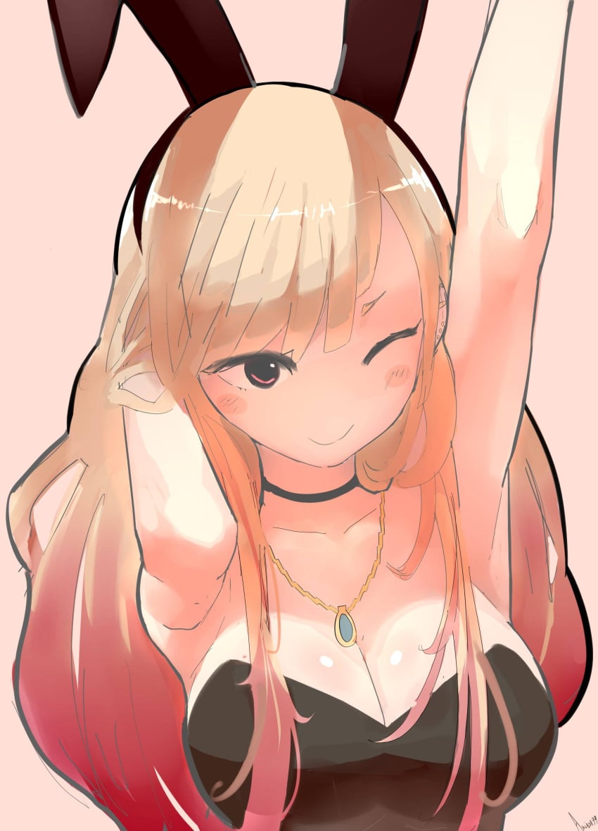1girl 1girls akisas99 arm_above_head arm_behind_head arm_up asian asian_female asian_girl asian_woman background big_boobs big_breasts black_choker black_leotard black_topwear blonde blonde-haired_female blonde_female blonde_hair blonde_hair_female breasts busty busty_female busty_girl busty_teen busty_teenager choker closed_mouth_smile eye-level_view eye_closed female_protagonist from_front front_view gradient_hair gyaru hand_above_head hand_behind_head hand_up high_school_student japanese japanese_female japanese_girl japanese_woman kitagawa_marin large_boobs large_breasts leotard lower_body_out_of_frame monotone_background multicolored_hair necklace one-eye_closed one_color_background one_eye_closed one_eye_open pink_background plain_background red-eyed_female red_eyes school_girl sidelocks smile smiley_face smiling solid_color_background sono_bisque_doll_wa_koi_wo_suru split-color_hair teen_girl teenage_female teenage_girl teenage_tits teenager top_view topwear two-tone_hair two_tone_hair young_female young_woman