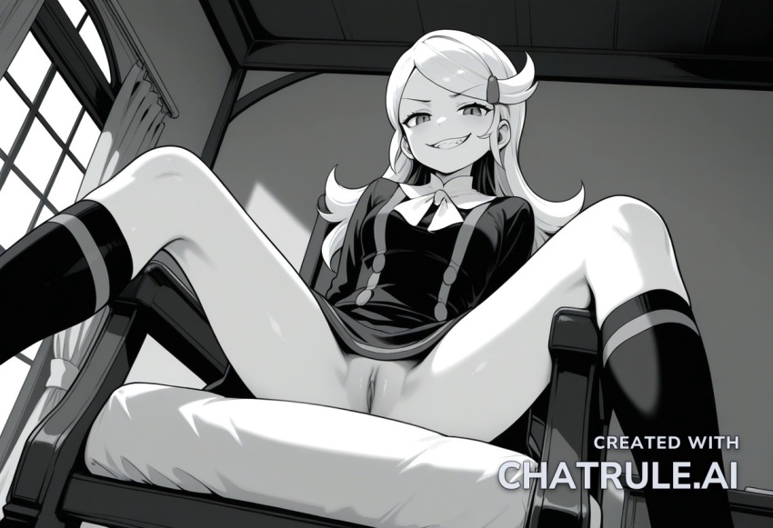 1girl ace ai_assisted ai_generated beautiful day dress general grayscale grin hairclip high_contrast highres indoors looking_at_viewer no_nose perfect_anatomy pussy sharp_teeth sitting_on_chair slit_pupils smug socks upskirt_view white_ascot