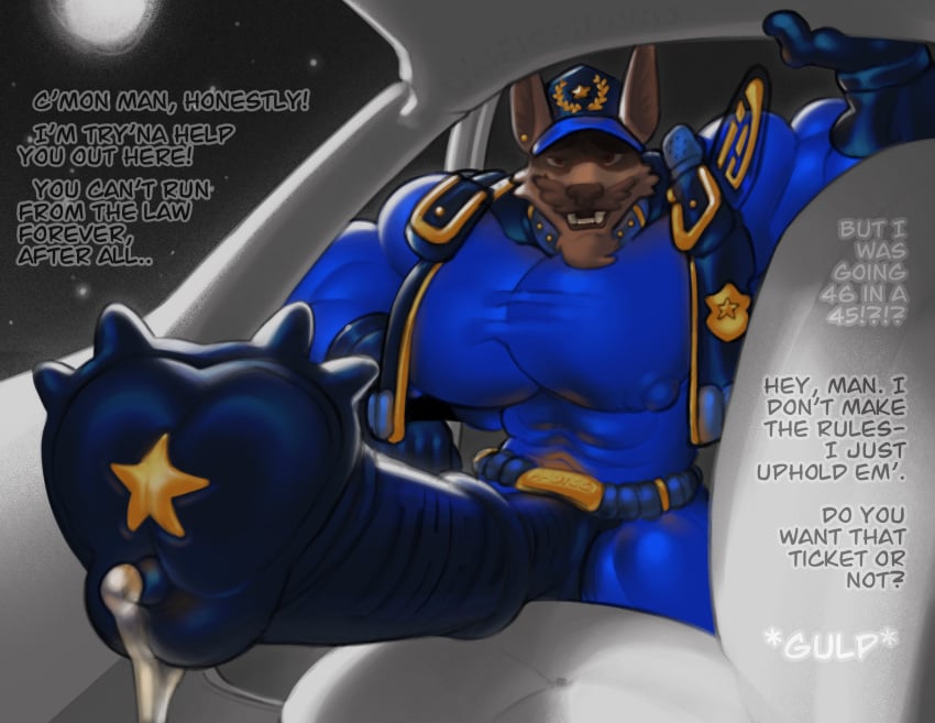 1boy anthro big_chest big_dick big_nipples big_pecs big_penis busty dialogue english_dialogue english_text furry huge_dick huge_penis leaking_cum leaking_penis male male_only nipples_visible_through_clothing officer police police_officer police_uniform policeman