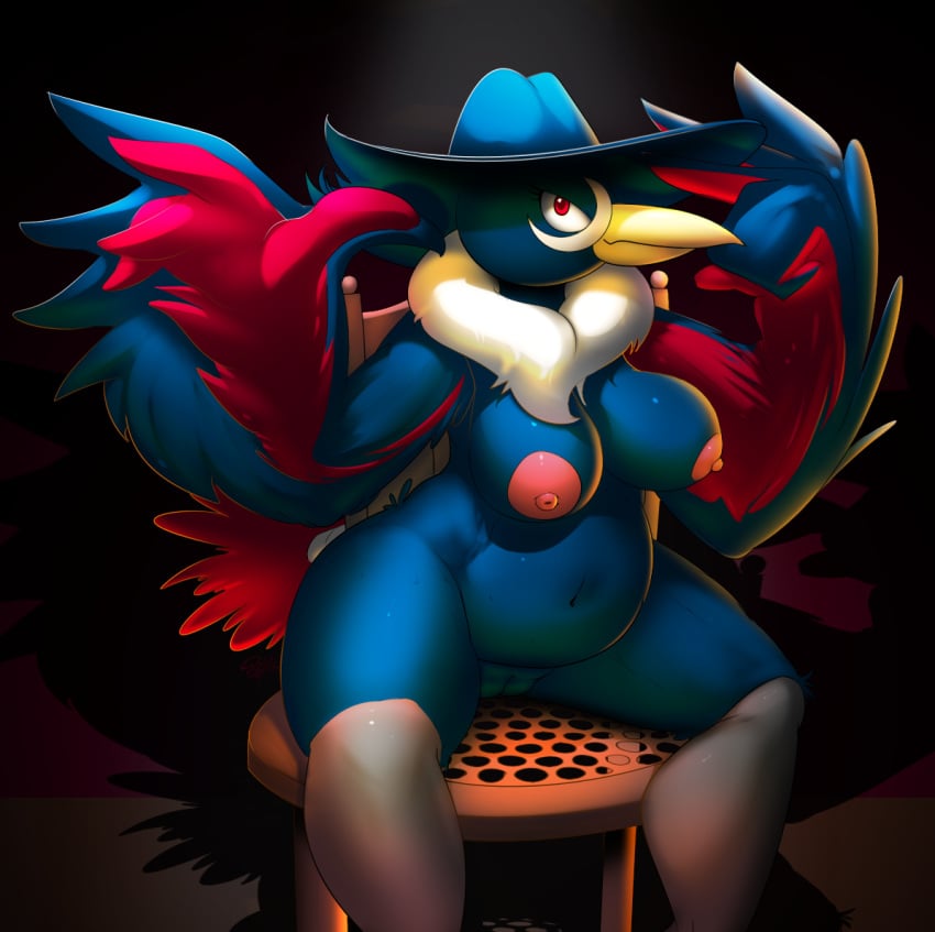 anthro areola black_feathers breasts cameltoe chair elpatrixf eyelashes feathers female hat honchkrow looking_at_viewer navel nintendo nipples pokemon pussy red_eyes sitting solo