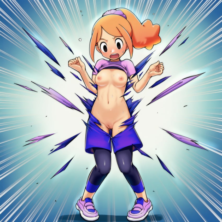 1girls ai_generated bike_shorts black_eyes blush breasts cleft_of_venus clothes_lift clothing embarrassed emphasis_lines exploding_clothes female full_body hair_scrunchie leggings long_hair looking_down medium_breasts navel nipples no_bra no_panties open_mouth orange_hair pigeon-toed ponytail pussy rhythm_heaven rhythm_heaven_groove rhythm_tengoku scrunchie shirt shirt_lift shoes shorts small_breasts sneakers solo standing surprised t-shirt tearing_clothes torn_clothes wardrobe_malfunction