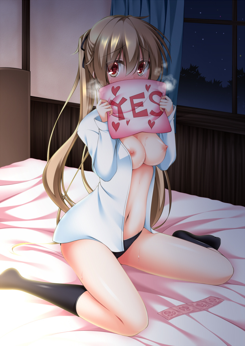 1girls black_panties blush breasts breath condom covered_mouth dress_shirt female highres kantai_collection light_brown_hair long_hair looking_at_viewer murasame_(kantai_collection) narukami_ginryuu on_bed open_clothes open_shirt panties red_eyes shirt sitting solo sweat tied_hair twintails underwear very_long_hair wariza yes-no_pillow