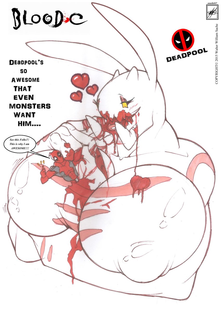 big_breasts blood blood-c blush breasts bunny_beast clothing crossover deadpool eating elder_bairn english_text female gesture gore heart huge_breasts human lagomorph logo male mammal marvel monochrome rabbit rule_63 smile spine text thumbs_up walter_sache yellow_eyes