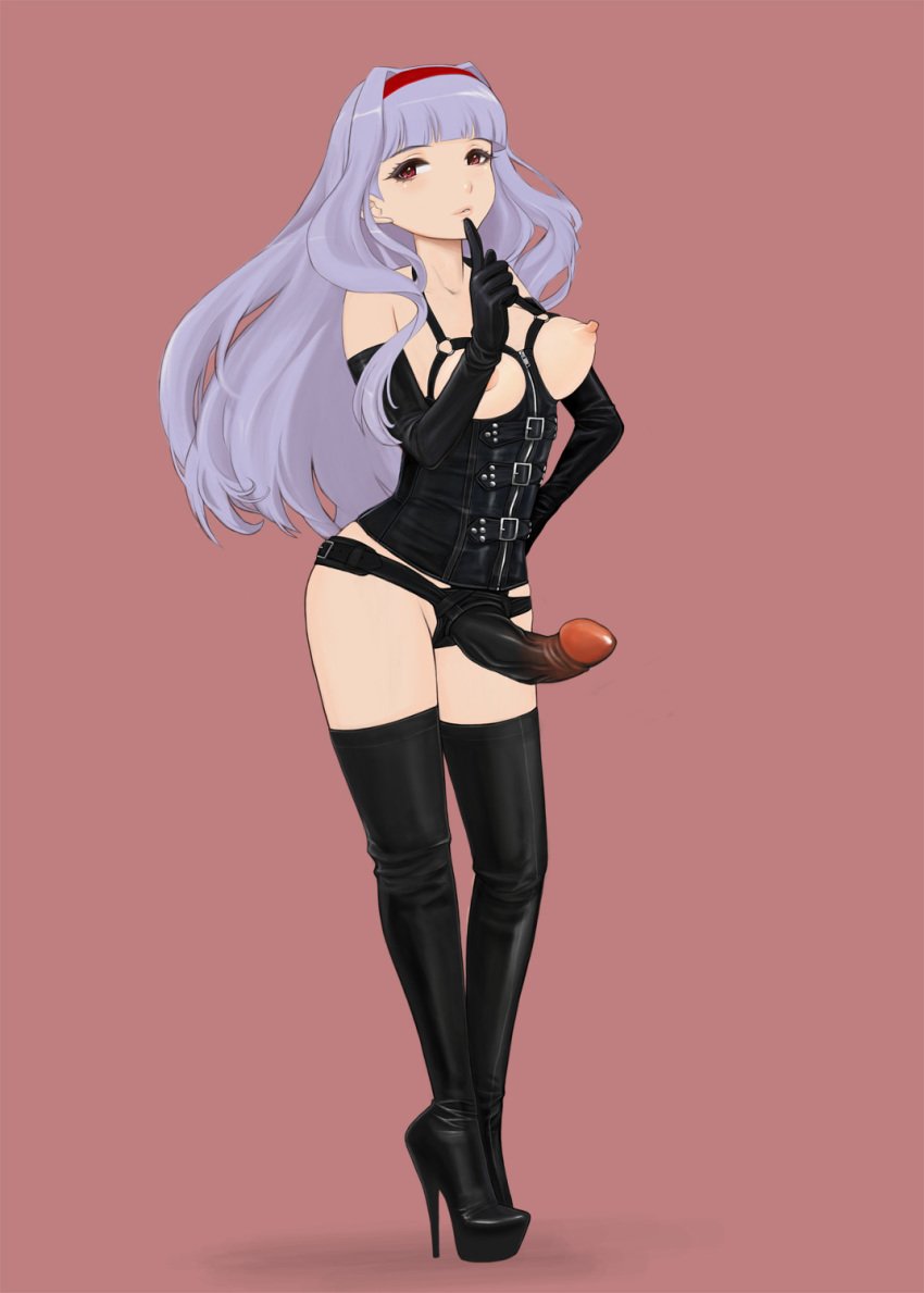 bondage bondage_outfit boots breasts dildo elbow_gloves female gloves hairband high_heel_boots high_heels highres idolmaster komii long_hair looking_at_viewer nipples red_eyes shijou_takane silver_hair solo strap-on thigh_boots thighhighs uncensored