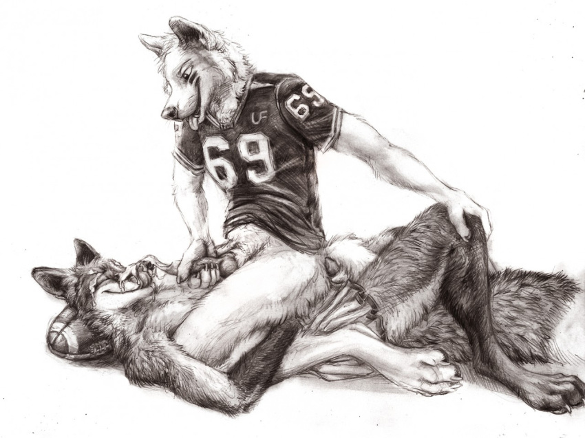 2015 animal_genitalia anthro bottomless canine_penis claws closed_eyes clothed clothing cum cum_on_face cum_string duo erection football half-dressed jersey kenket licking licking_cum licking_lips lying male masturbation on_back on_top open_mouth pawpads paws penis penis_tip simple_background sketch skirt smile tongue tongue_out topless white_background yaoi