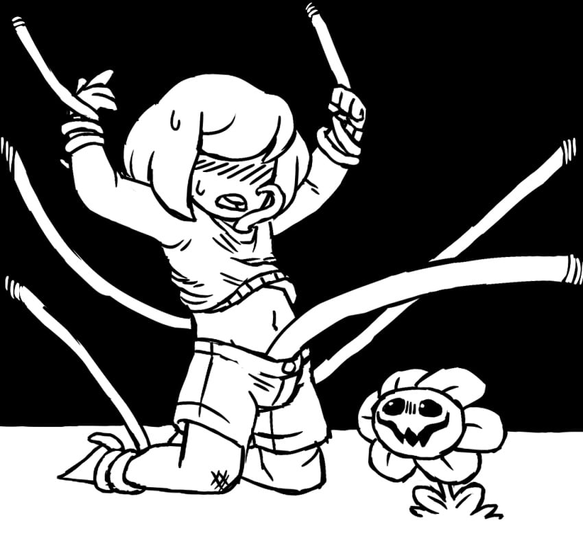 ambiguous_gender arms_up blush clothed_rape flower flowey_the_flower forced frisk human monochrome plant rape sweat tentacle tentacle_rape tentacles tinybeasts undertale vine_tentacles vines