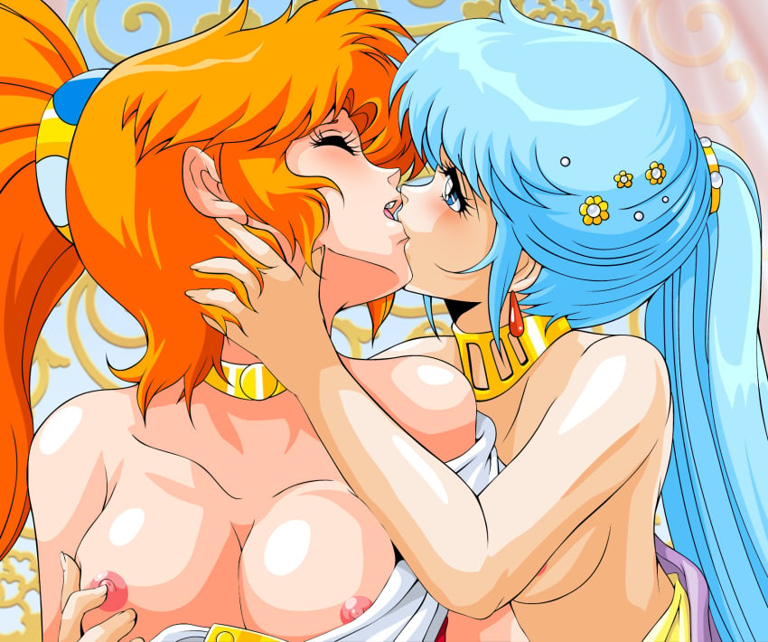 2girls 675_(image_675) biting_lip blue_eyes blue_hair blush breasts caron_(rall) character_request choker closed_eyes cream_lemon crossover dress face-to-face female hand_on_another's_face hand_on_another's_head highres hug kissing long_hair multiple_girls nipple_tweak nipples off_shoulder open_mouth orange_hair ponytail sf_choujigen_densetsu_rall tied_hair very_long_hair yuri