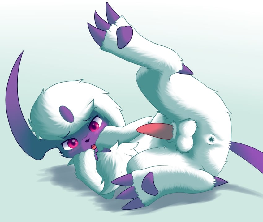 2015 absol anus balls blush claws deli erection feral front_view fur looking_at_viewer lying male nintendo on_back open_mouth penis pink_eyes pokemon pokemon_(species) raised_leg raxmon shy solo video_games white_fur