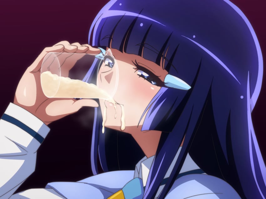 aoki_reika beaker blue_eyes blue_hair blush clothing cum cum_drinking cum_in_container cum_in_glass gokkun gradient_background hair_ornament hairclip looking_at_viewer naughty_face necktie precure pretty_cure smile smile_precure solo steam tedain