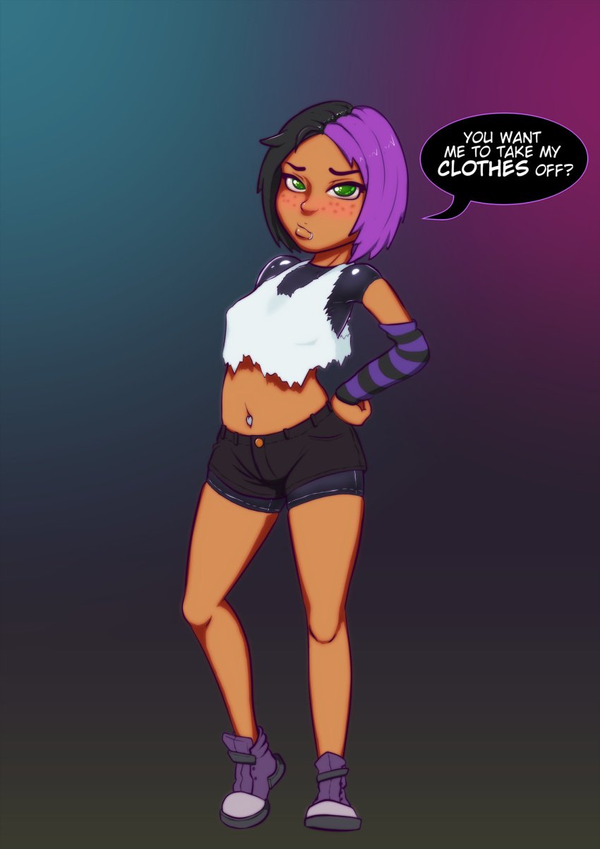 female female_only freckles full-length_portrait full_length green_eyes plebbles portrait purple_hair shoes short_hair shorts sleeves solo speech_bubble standing t-shirt two_tone_hair