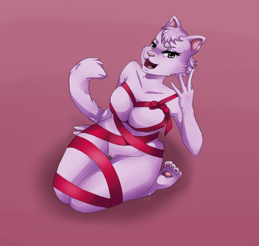 1girls 2015 anthro bagi bagi_the_monster_of_mighty_nature bondage bound breasts cat feline female fur furry gloogloogloo hair kneeling large_breasts mammal open_mouth pink_fur pink_hair pussy ribbon_bondage simple_background solo tail