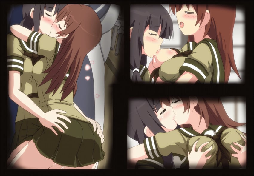 2girls animated breast_grab breasts female hangaku kantai_collection kissing kitakami_(kantai_collection) multiple_girls ooi_(kantai_collection) school_uniform yuri