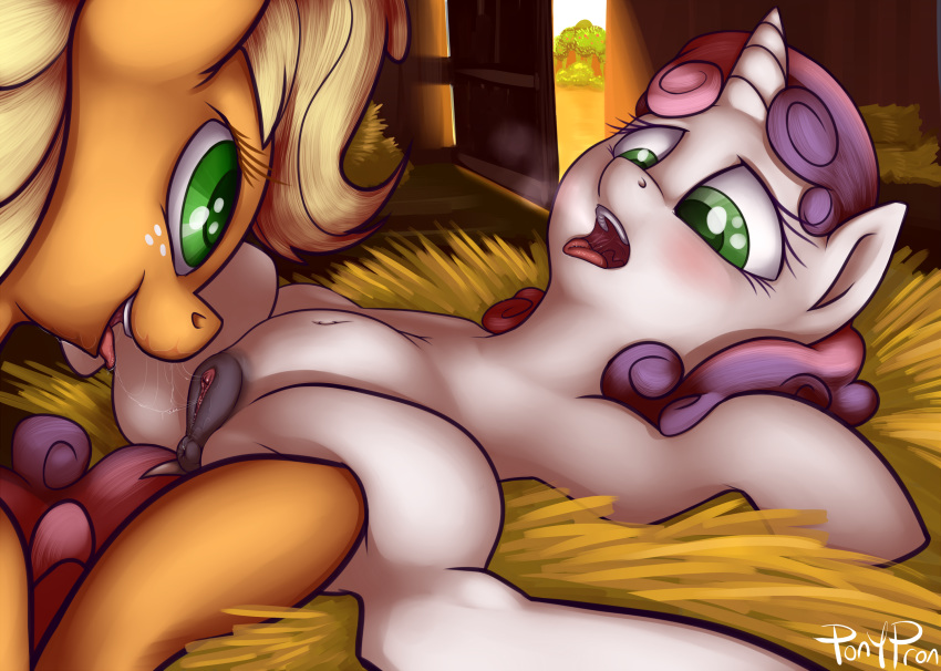 2015 anus applejack_(mlp) blonde_hair blush breath dock door duo earth_pony equine female feral freckles friendship_is_magic furry furry_only green_eyes hair hi_res horse inside lying mammal multicolored_hair my_little_pony navel on_back pony ponypron pussy pussy_juice spread_legs spreading sweetie_belle_(mlp) tongue tongue_out two_tone_hair young yuri