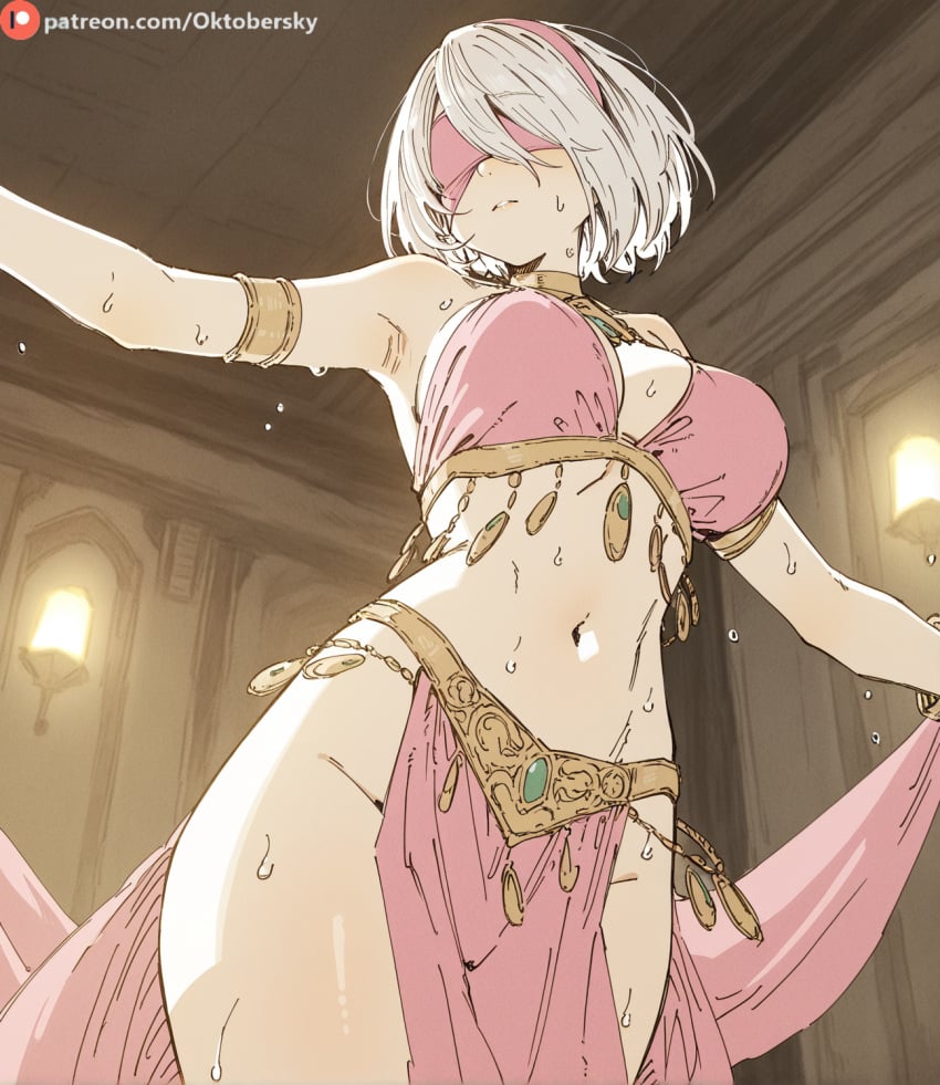 1girls ai_generated android belly belly_dancer dancer_outfit dancing female harem_girl harem_outfit large_breasts nier:_automata pink_panties pink_topwear sexy solo yorha_2b