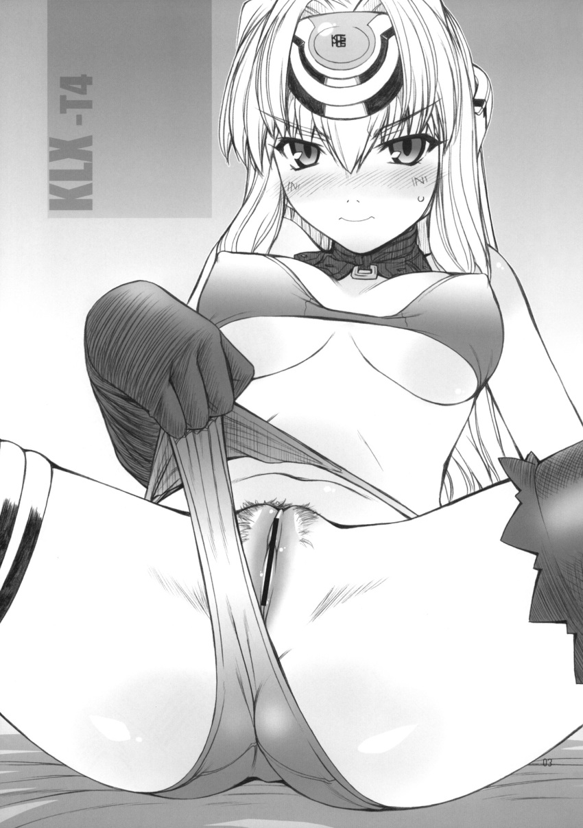 bikini bikini_aside blush breasts censored covered_nipples doujinshi embarrassed female gloves highres kos-mos long_hair monochrome nakajima_rei pointless_censoring pubic_hair pussy scan sitting solo spread_legs swimsuit swimsuit_aside xenosaga