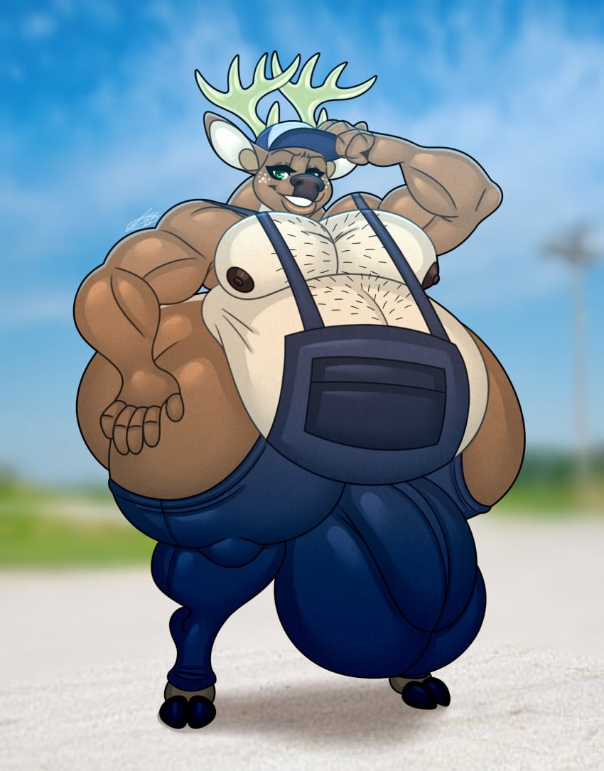 anthro antlers belly belly_hair big_belly big_bulge body_hair brown_nose bulge chest_hair deer derius eyelashes facial_markings fingers front_view head_markings hi_res hooves horn huge_belly huge_bulge huge_hips huge_thighs hyper hyper_hips hyper_thighs male mammal markings muscular muscular_male overalls_only slightly_chubby snout solo thick_thighs wide_hips