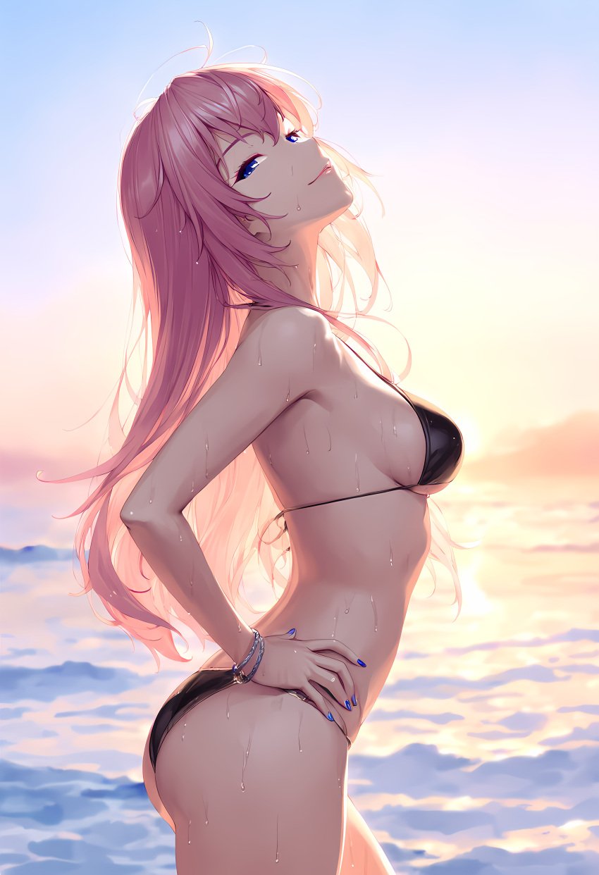 1girl ai_generated ass backlighting beach bikini black_bikini blue_eyes blue_nails bracelet breasts cowboy_shot day from_side halterneck hand_on_hip jewelry long_hair looking_at_viewer medium_breasts megurine_luka nail_polish ocean outdoors pink_hair sideboob sky smile solo standing string_bikini sunset swimsuit very_long_hair vocaloid wading water wet