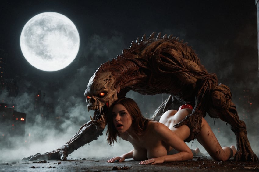 1boy 1girls ai_generated female_human female_human/male_feral female_human/male_monster feral_on_female feral_on_human full_moon interspecies interspecies_sex male_feral male_feral/female_human male_monster monster monster_on_female monster_on_human monster_penetrating noone3d petite slim slim_waist