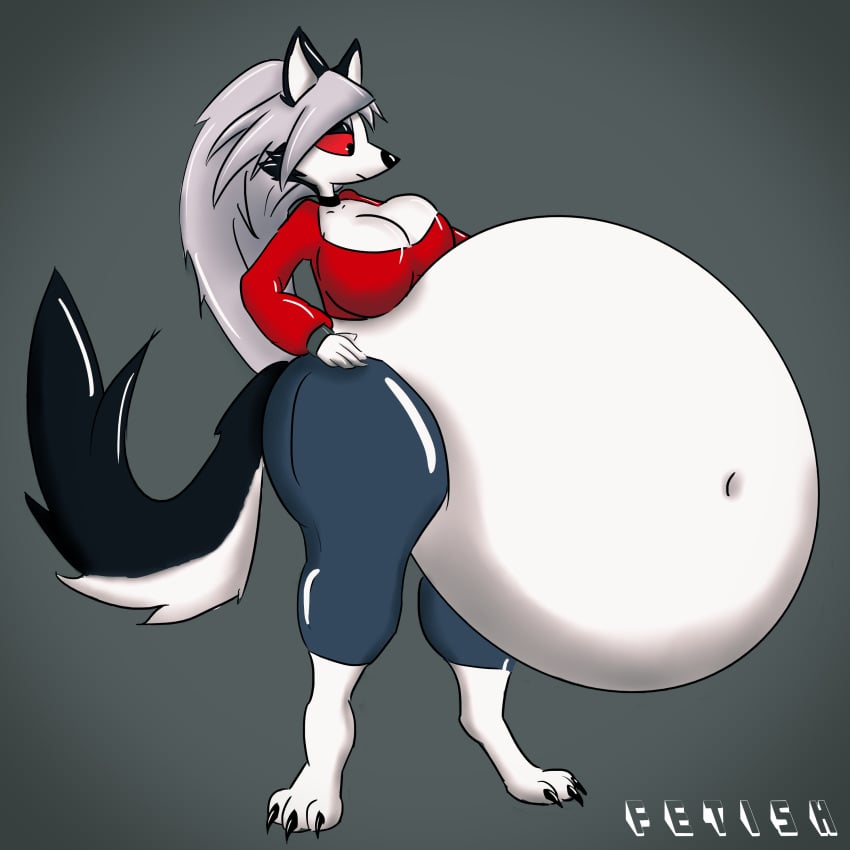 1:1 absurd_res anthro belly big_belly big_breasts breasts canid canid_demon canine cleavage clothed clothing demon female grey_background grey_hair hellhound helluva_boss hi_res huge_belly hyper hyper_belly imafetish loona_(helluva_boss) mammal mythological_canine mythological_creature mythology navel red_sclera simple_background solo watermark