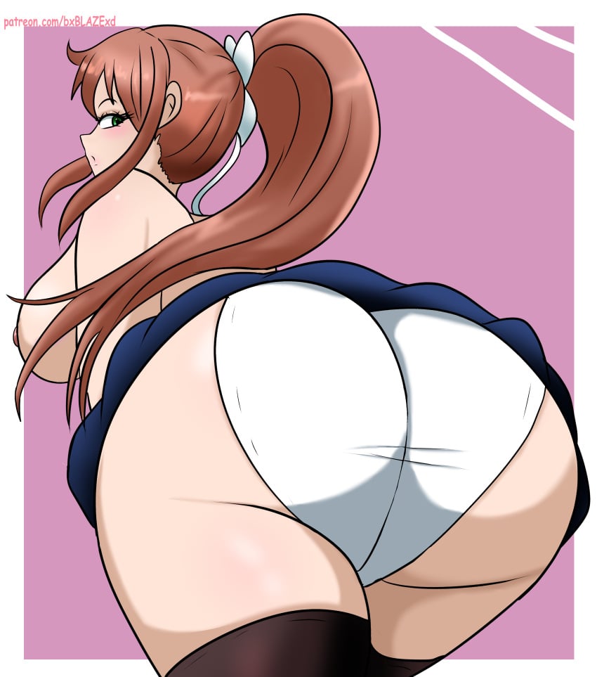 1girls ass blue_skirt boobs breasts butt bxblazexd doki_doki_literature_club female female_only female_solo green_eyes monika_(doki_doki_literature_club) nipples panties panties_only ponytail skirt solo solo_female stockings thighhighs topless topless_female white_panties