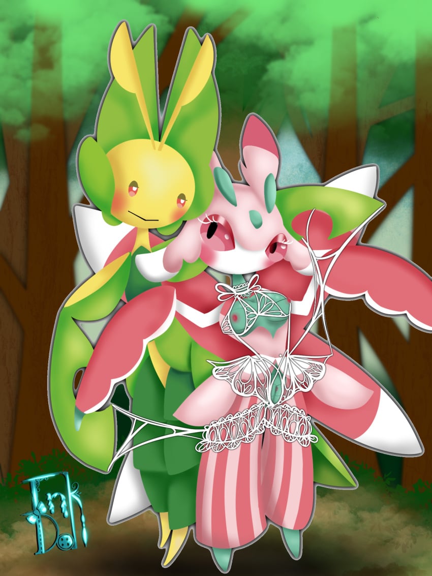 arthropod arthropod_webbing blush bound clothing disguise duo exposed female forest generation_5_pokemon generation_7_pokemon hi_res inkdoll insects lace leavanny lingerie lurantis male mantis nintendo plant pokemon pokemon_(species) romantic tree web_bondage