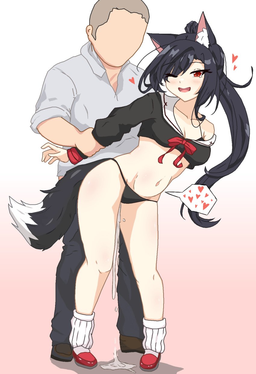 1boy animal_ear_fluff animal_ears azur_lane black_hair bra crop_top cum cum_in_pussy cumdrip ejaculation female heart highres holding_another's_arm loose_socks midriff one_eye_closed panties red_eyes ribbon sbeve2004 sex sex_from_behind shigure_(azur_lane) shoes socks stomach_bulge tail underwear vaginal_penetration