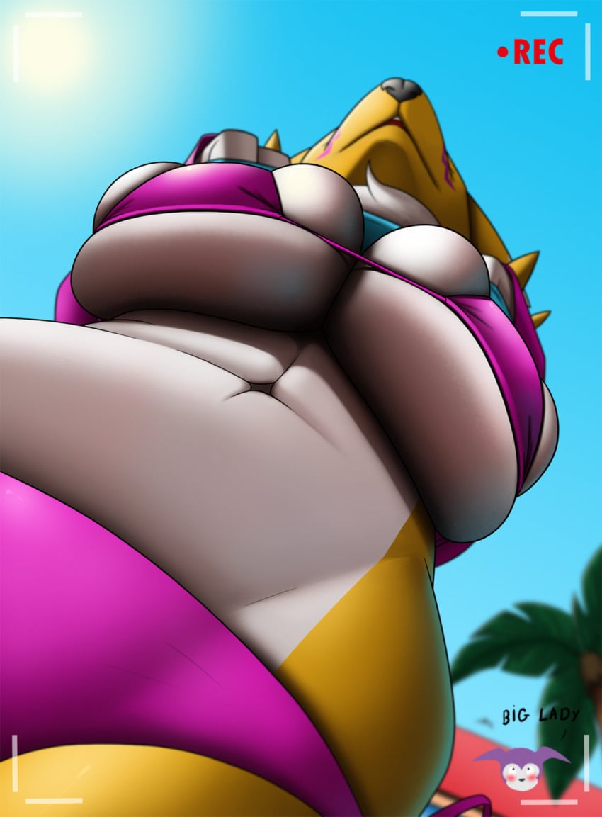 anthro bandai_namco big_breasts bikini blush breasts canid cleavage cleavage_overflow clothed clothing creatiffy curvy_figure digimon digimon_(species) digital_media_(artwork) female fur hi_res huge_breasts impmon low-angle_view mammal open_mouth outside renamon simple_background skimpy smile solo swimwear thick_thighs underboob voluptuous white_body white_fur wide_hips yellow_body yellow_fur