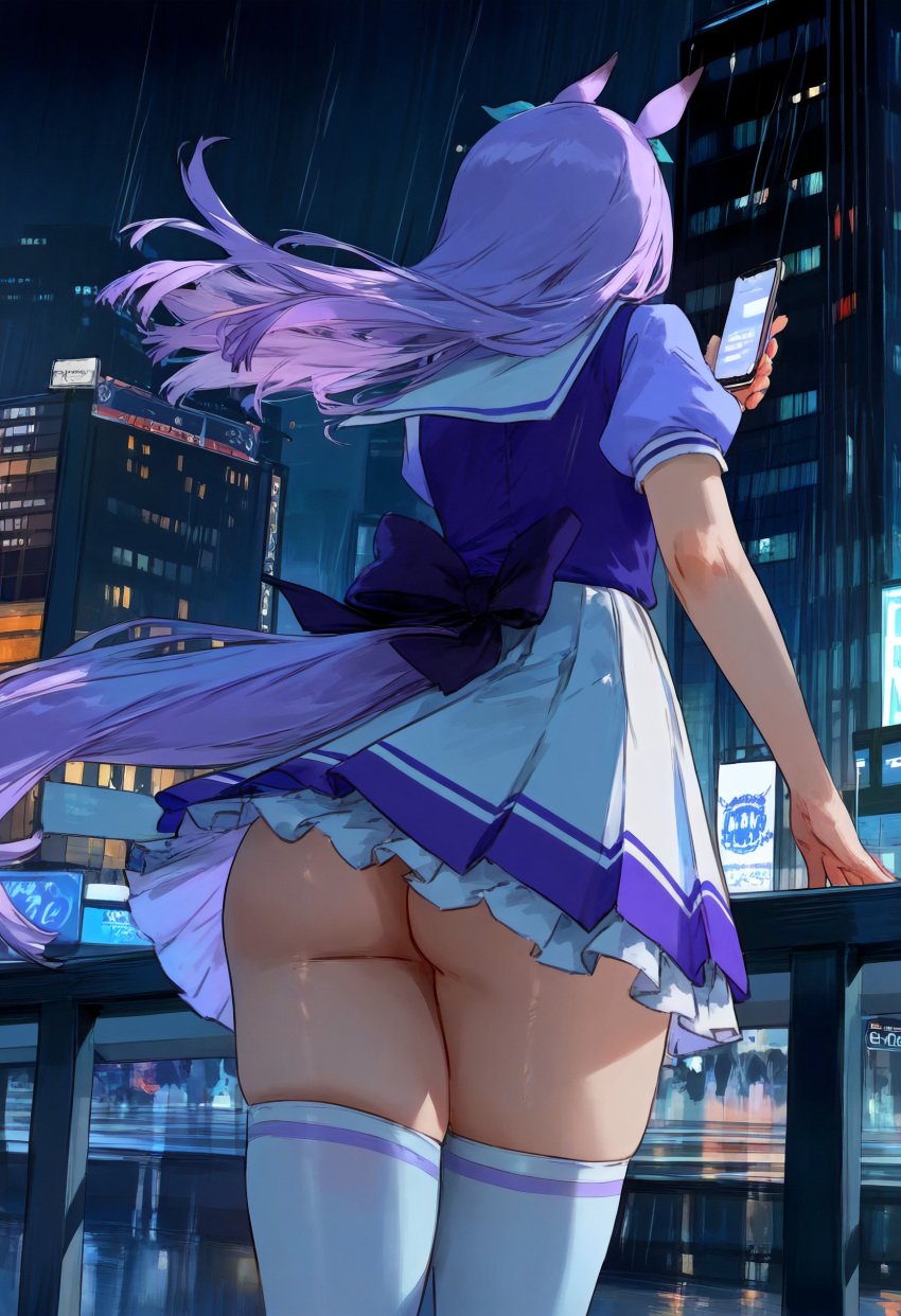 ai_generated animal_ears ass female horse_girl light_purple_hair long_hair mejiro_mcqueen_(umamusume) purple_eyes small_breasts umamusume umamusume_pretty_derby