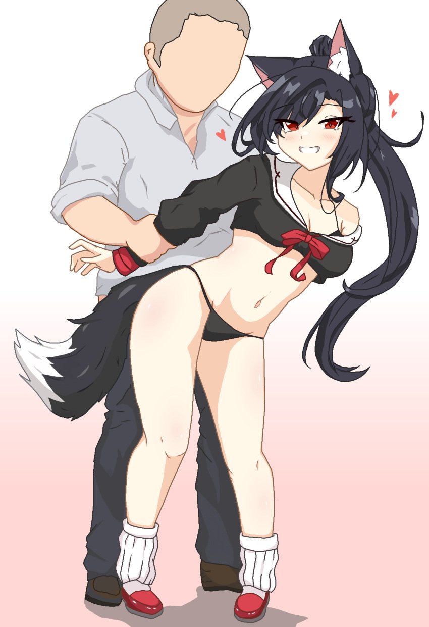 1boy animal_ear_fluff animal_ears azur_lane black_hair bra crop_top female grin heart highres holding_another's_arm loose_socks midriff panties red_eyes ribbon sbeve2004 sex sex_from_behind shigure_(azur_lane) shoes smile socks tail underwear vaginal_penetration