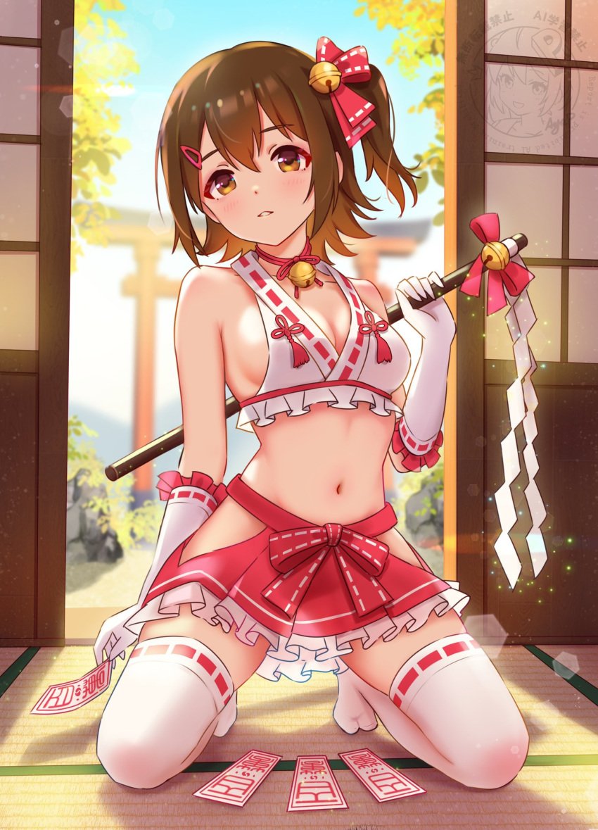 1girls bare_shoulders bell bikini blue_sky blurry blurry_background blush bow breasts brown_hair cleavage collarbone concept_maihime_(idolmaster) day dot_nose elbow_gloves flipped_hair frilled_gloves frilled_shirt frilled_skirt frills gloves gohei hair_bell hair_ornament hair_ribbon hairpin halter_shirt halterneck highres hip_vent holding holding_gohei idolmaster idolmaster_million_live! idolmaster_million_live!_theater_days jingle_bell kasuga_mirai kneeling koaya lens_flare light_particles looking_at_viewer medium_breasts medium_hair midriff miniskirt navel neck_bell nontraditional_miko ofuda parted_lips pink_bikini pink_ribbon pink_skirt pleated_skirt ribbon ribbon-trimmed_gloves ribbon-trimmed_shirt ribbon-trimmed_thighhighs ribbon_trim rock see-through_clothes see-through_skirt shadow shirt side_ponytail sidelocks skirt sky sleeveless sleeveless_shirt solo sunlight swimsuit tatami thighhighs torii tree waist_bow white_gloves white_thighhighs yellow_eyes