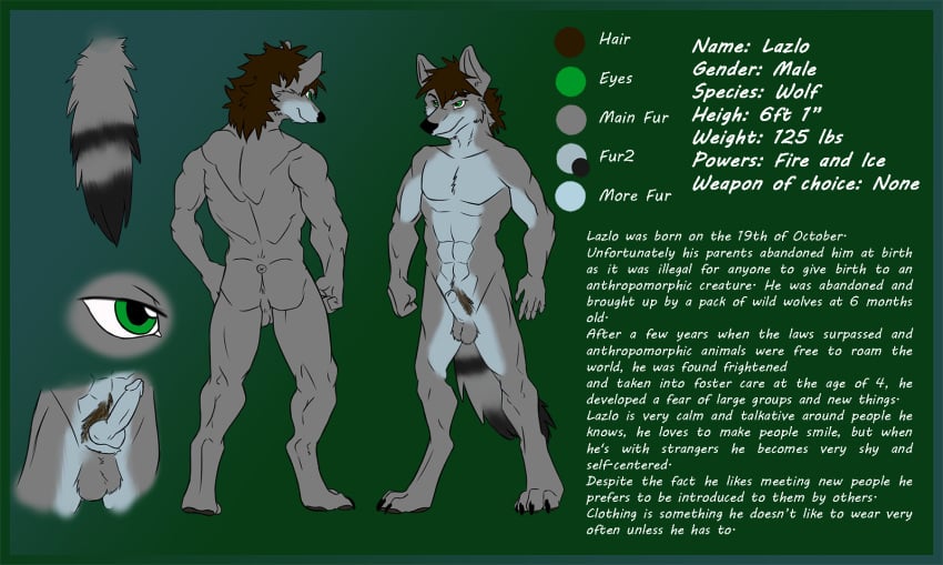 abs animal_genitalia anthro balls brown_hair canine canine_penis erection fur green_eyes grey_fur hair knot lazlo male mammal model_sheet nemadur nude penis sheath text wolf