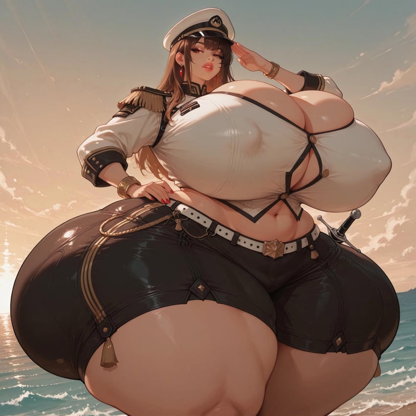 1girls ai_generated ass big_lips booty_shorts breasts breasts_bigger_than_head brown_hair butt_bigger_than_body butt_bigger_than_head butt_bigger_than_torso cleavage cleavage_overflow clothed earrings female_focus gigantic_breasts hyper hyper_ass hyper_breasts isometria large_ass large_breasts lips long_hair massive_ass massive_breasts massive_butt naval_uniform navel nipple_bulge overflowing_breasts red_eyes salute tight_clothing