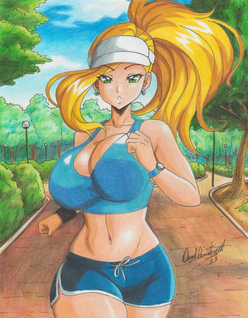 big_breasts blonde_hair exercising female female_only green_eyes jiggling_breasts long_hair original_character ravern_clouk sports_bra wide_hips