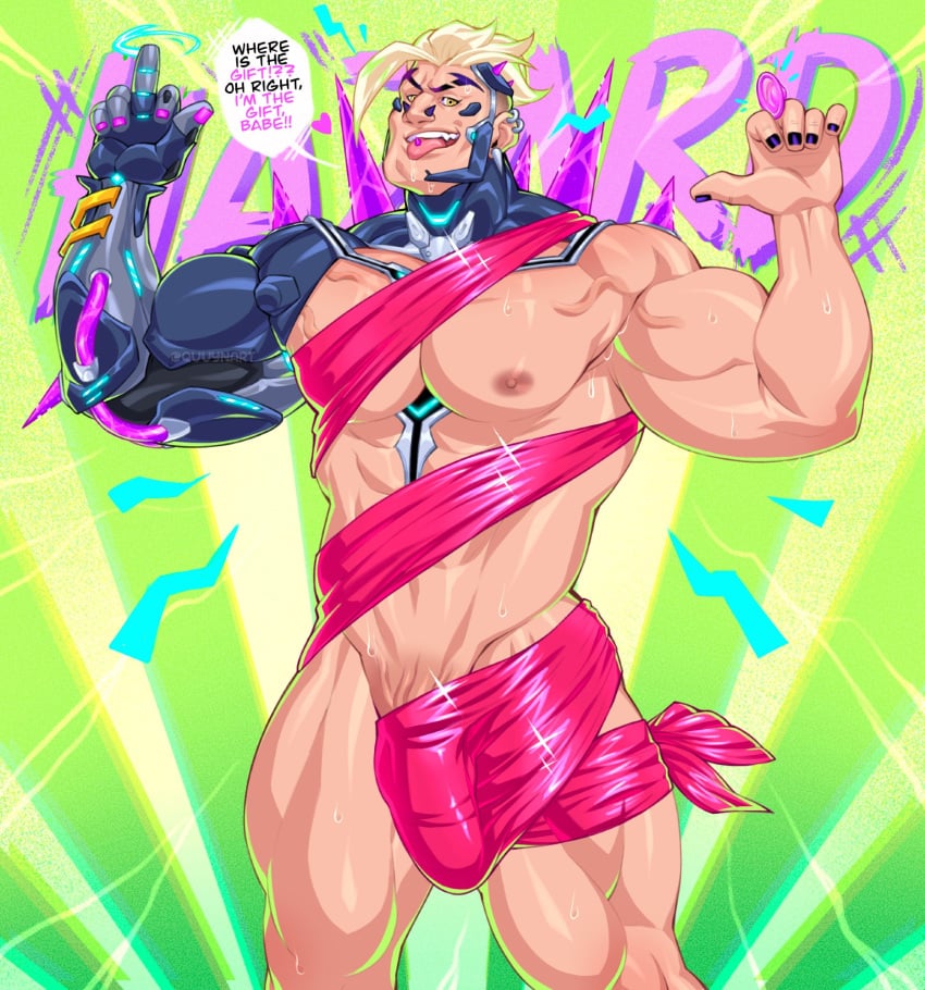 balls bara bulge flaccid hazard_(overwatch) male male_only muscles muscular nude_guy_wrapped_in_ribbons_standing_(meme) overwatch overwatch_2 penis quuynart ribbons solo solo_male speech_bubble sweat sweating